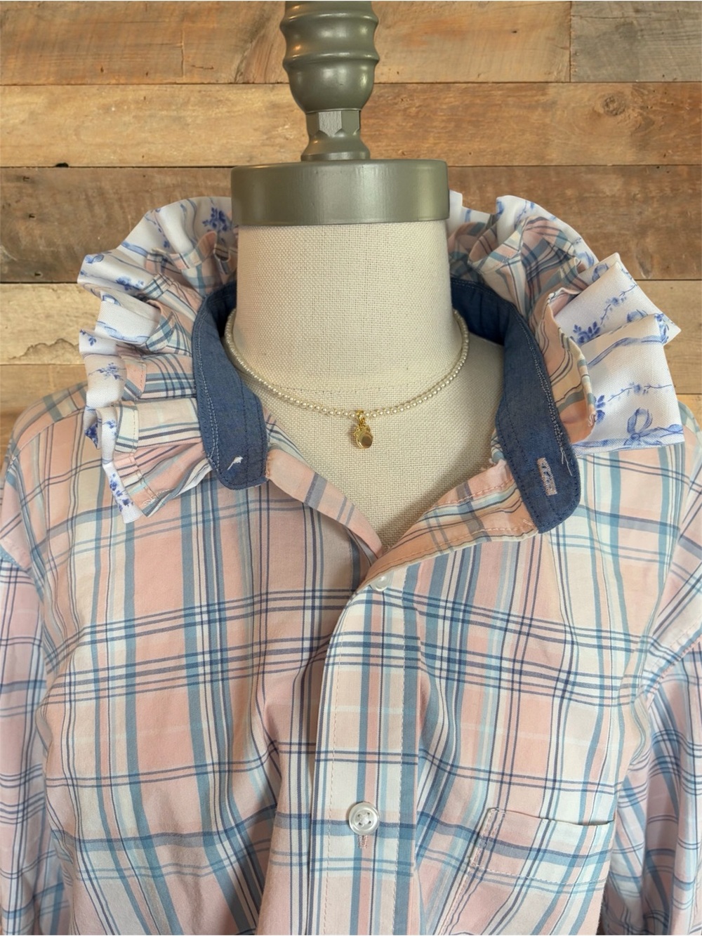 ⁠Upcycled Plaid Button Down Shirt with Double Toile Ruffle Collar Handmade Sz L⁠